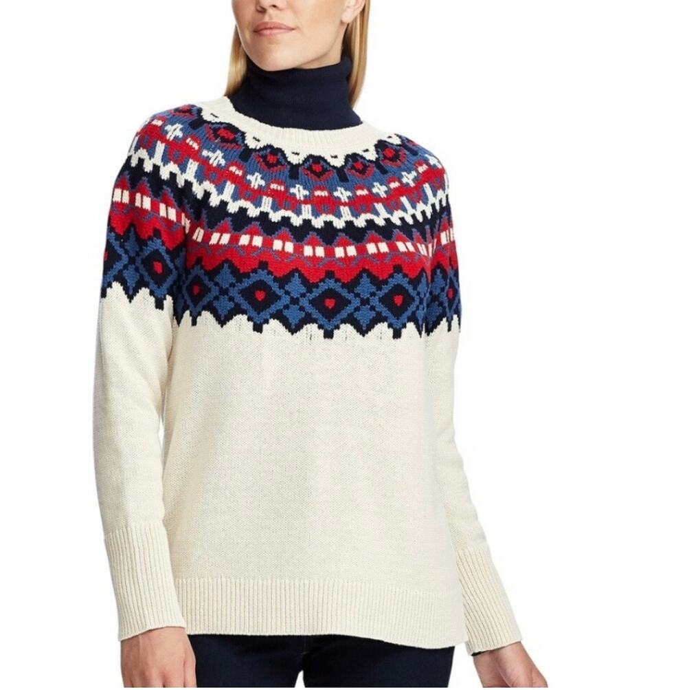 Chaps Sweater-Andria-Fair Isle-Cream-Red/Blue-Geo yoke pattern-L Sleeve-1101